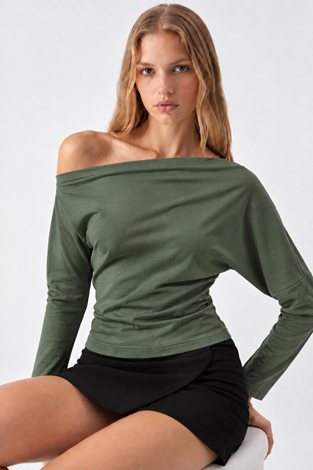 Women's Khaki Fitted Plain Boat Neck Blouse