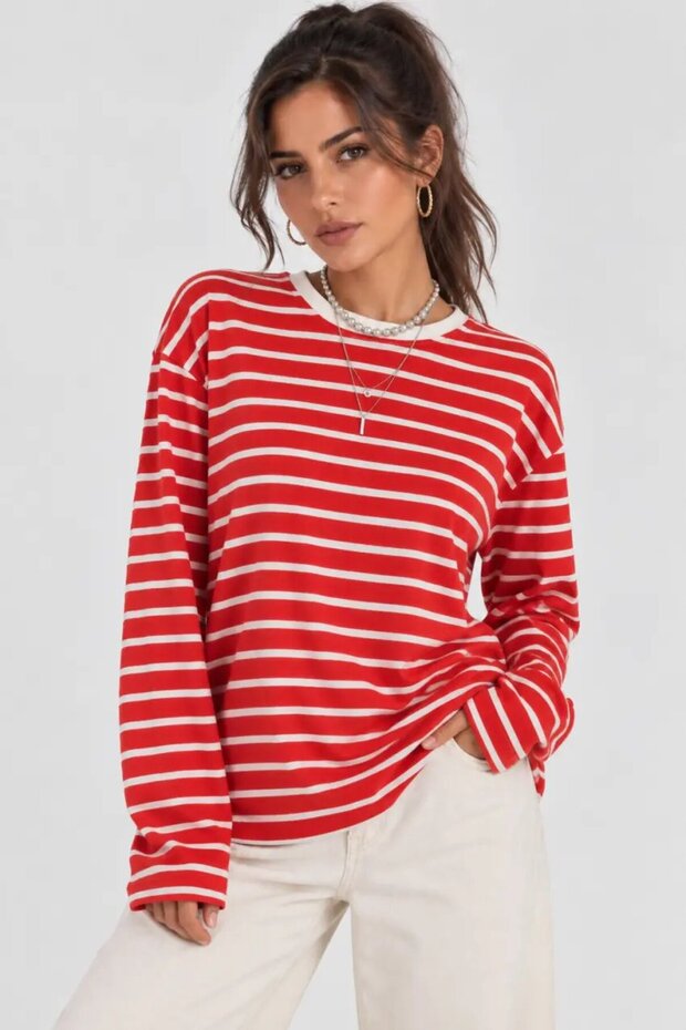 Red Ecru Striped Oversize Long Sleeve Women's Blouse