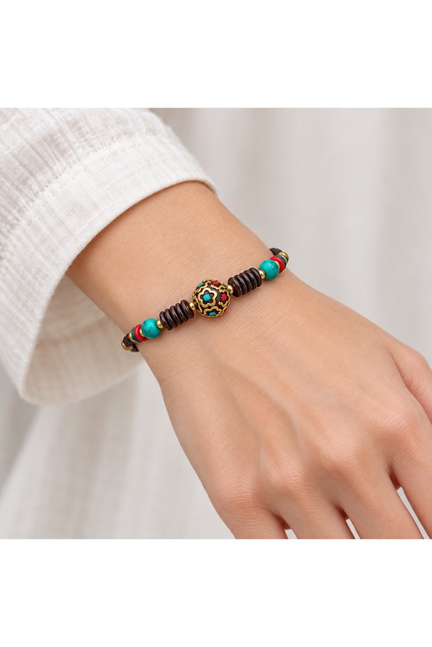 Turquoise Red Beaded Brown String Gold Detailed Ethnic Patterned Women's Bracelet