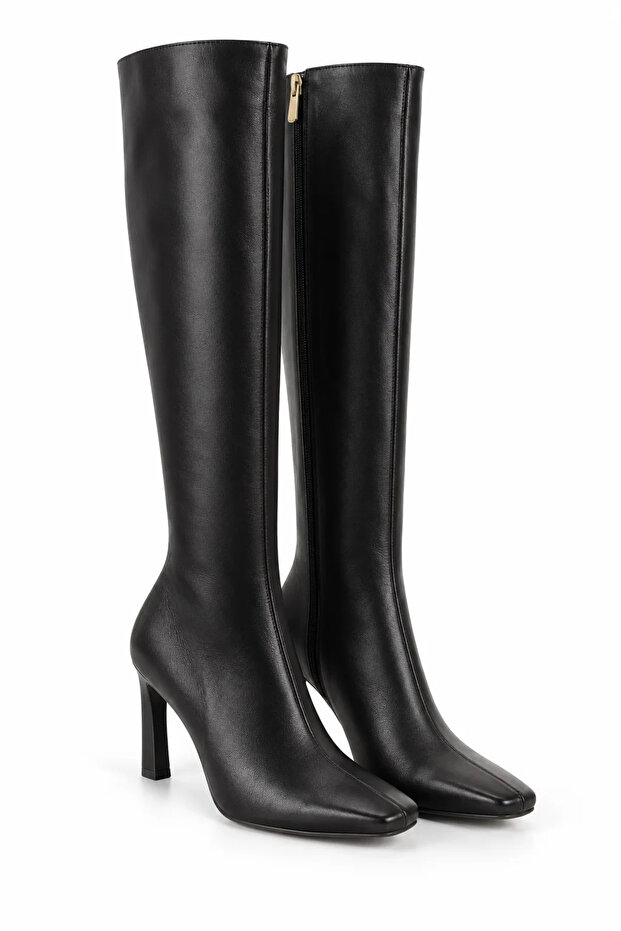 Women's Knee-Length Thin Heeled Crocodile Patterned Zippered Long Boots - Siena - Black Leather
