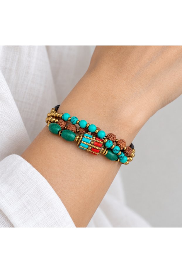 Turquoise Beaded Multi-Row Bracelet with Gold Detail and Ethnic Pattern for Women