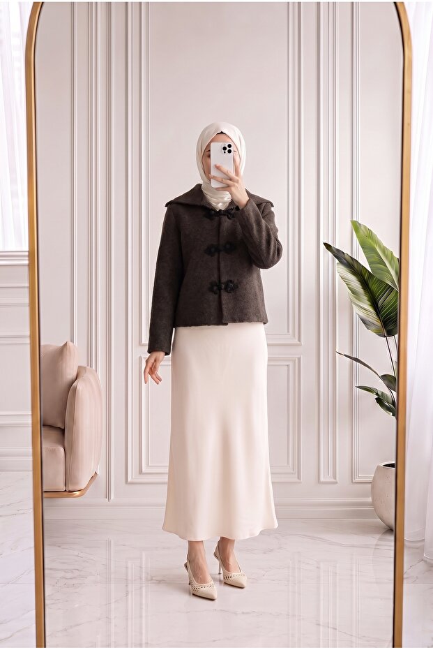 Minaşah Button Floral Embroidered Collared Knitwear Cardigan-Kr6029 Dark Brown