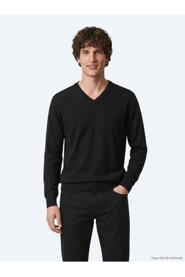 Black Plain Knit Wool Blended Sweater
