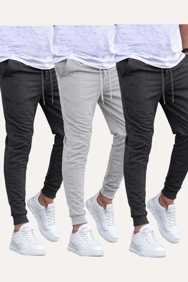 Set of 3 Unisex Regular Fit Ribbed Leggings in Black, Gray, Navy Blue, Colored Sweatpants, Sports Sweatpants