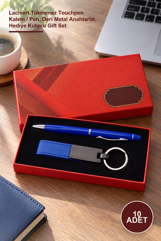 10 Pieces Red Boxed Navy Blue Keychain and Pen Set – Navy Blue Ballpoint Touchpen Pen / Pen, Leather Metal Keychain, Gift Box Gift Set