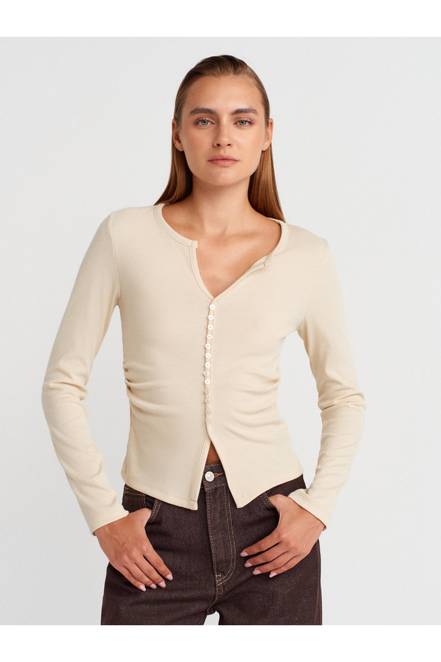 Button Detailed Gathered Blouse