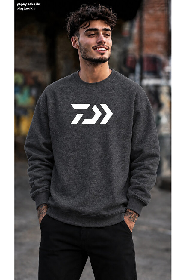 Men's Geometric Daiwa Style Logo Printed Crew Neck Casual Regular Fit Sweatshirt