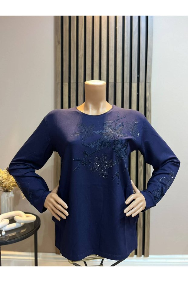 Women's Middle Age and Above Lavinia Floral Detailed Winter Mother's Combed Cotton Blouse