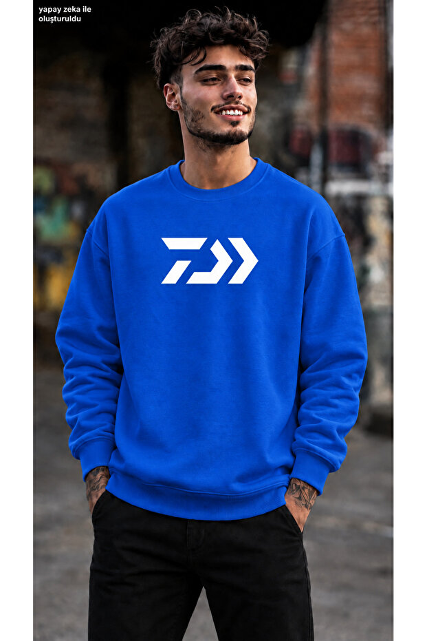 Men's Geometric Daiwa Style Logo Printed Crew Neck Casual Regular Fit Sweatshirt
