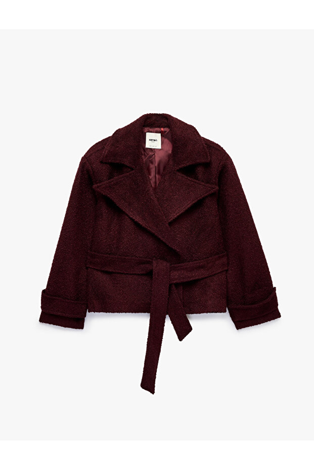 Wool Blend Belted Pocketed Double Breasted Collared Tweed Jacket
