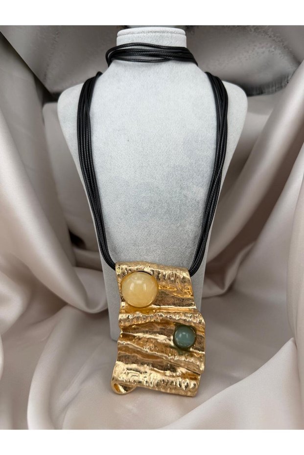 Black Multi-Strand Statement Necklace – Modern Women's Necklace with Gold Geometric Ends and Colorful Stone Detail