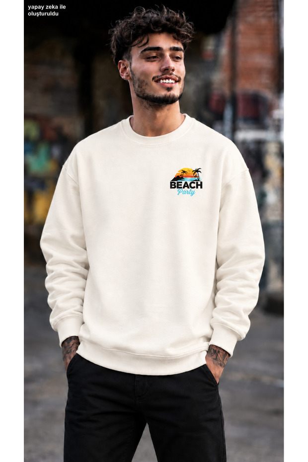 Men's Beach Party Palm Tree Printed Crew Neck Casual Regular Fit Sweatshirt