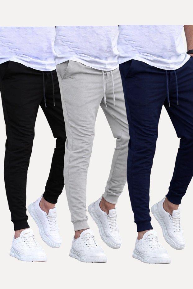 Set of 3 Unisex Regular Fit Ribbed Leggings in Black, Gray, Navy Blue, Colored Sweatpants, Sports Sweatpants