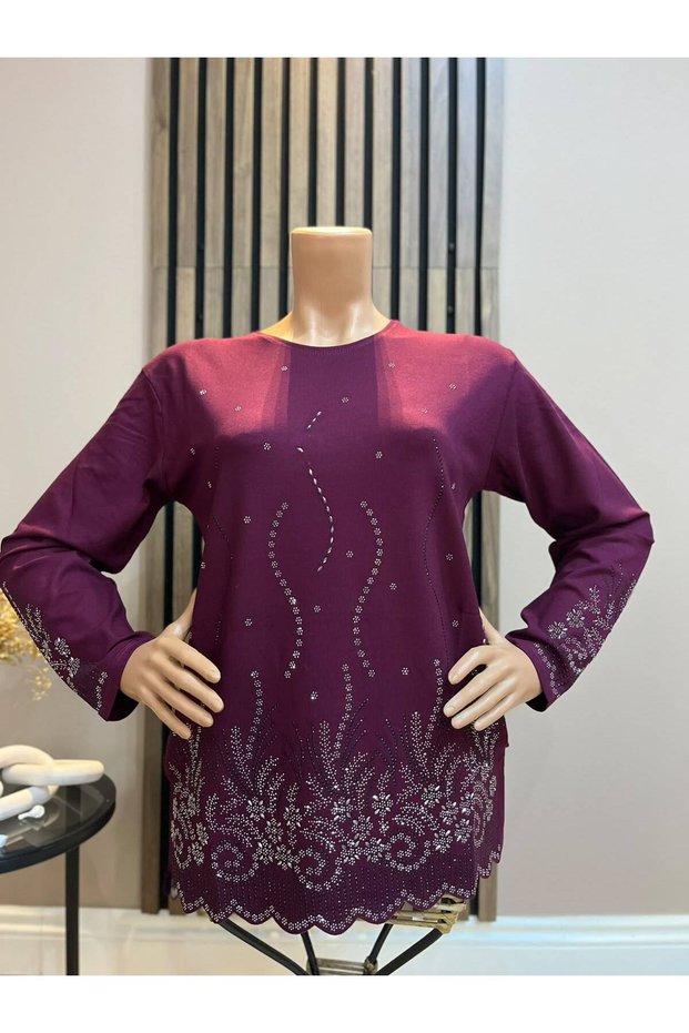 Women's Stylish Winter Blouse with Sparkling Stone Embroidery and Scallop Hem for Middle-Aged and Older Women