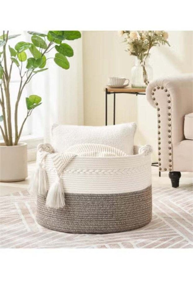 Oversized Cotton Rope Basket 40*40*35cm Woven Baby Laundry Basket Blanket Basket Toy Basket With Handle Storage Quilt Pad Gray Laundry Basket