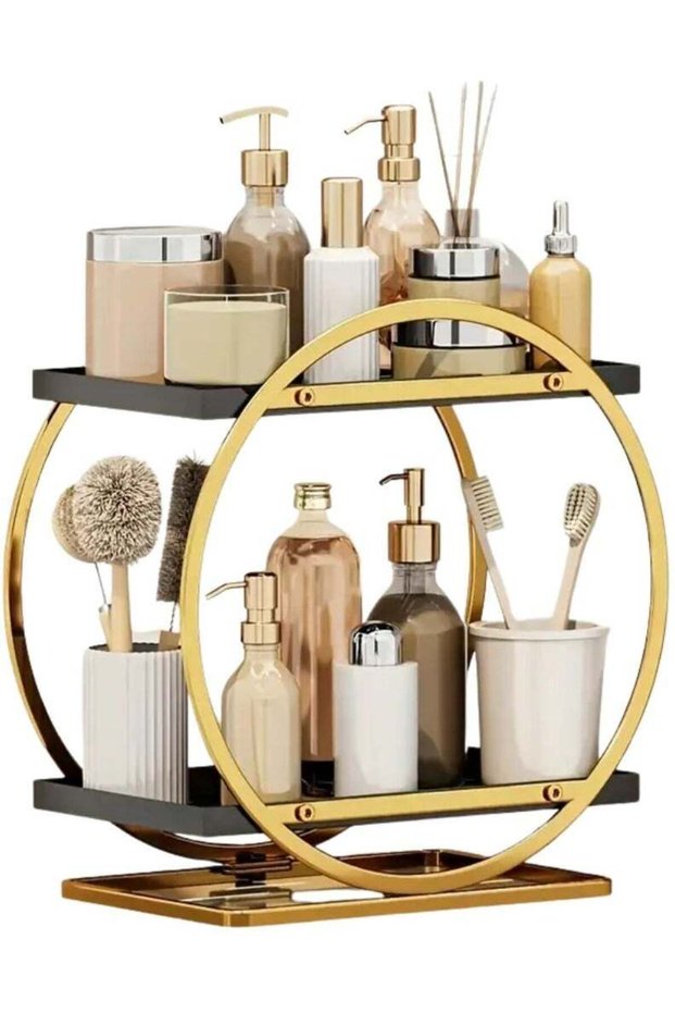 Round 2-Tier Countertop Organizer for Bathroom, Stainless Steel Shelf for Cosmetic Storage and Decor, Standing Vanity Tray for Bathroom Organization (Gold)