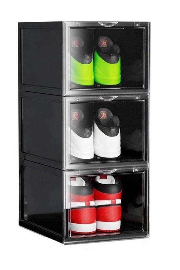 3 Pc Stackable Shoe Storage Box with Clear Door , Front Open, Black