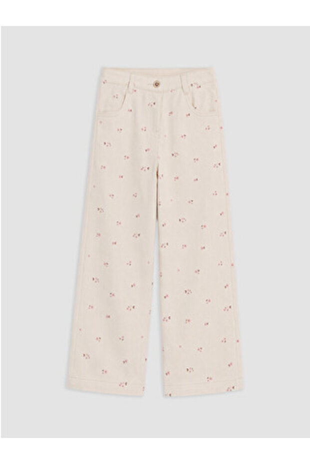 Ecru Floral Girl's Pants with Elastic Waist