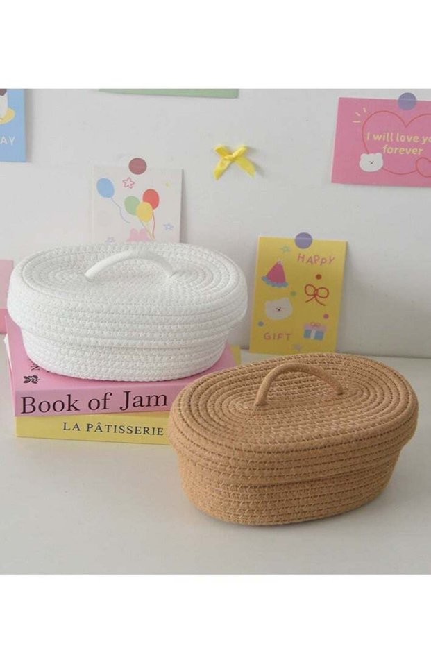 Simple desktop dustproof mobile phone sundries snack needlework oval woven storage box with lid two-piece set: white + khaki - 25*15*10CM*2