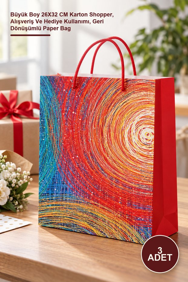 3 Pieces of Cardboard Bags with Drawstrings – Large Size 26X32 cm Cardboard Shopper, Shopping and Gift Use, Recyclable Paper Bag