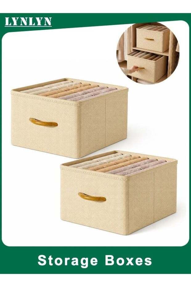 Foldable Closet Storage Boxes, 2 Pack Beige Fabric Wardrobe Organizer Bins, Open Top Clothes Organizer with Pull Handle for Clothes Pants Towels