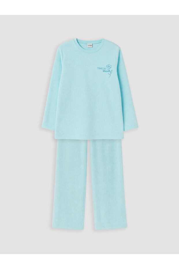 Vizyon New Season Turquoise Crew Neck Girls' Fleece Pajama Set