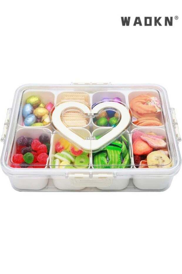 Divided Serving Tray with Lid and Handle , Snackle Box Containers with 8 Compartment , Portable Snack Serving Platters Reusable Store Organizer for Fruits,Nuts , Candy , Party , Picnic ,Veggies , whi