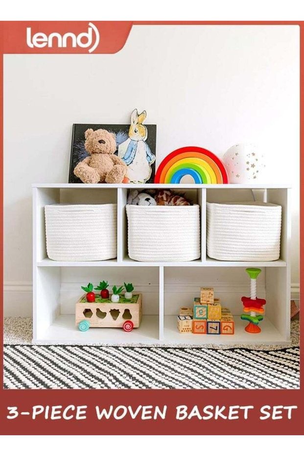 Storage Cubes Cotton Rope Woven Baskets for Organizing 3-Pack | 23cm Cube Storage Bin | Small Basket for Shelf Nursery, Pantry, Decorative Plant, Bathroom Closet, Toy Gift