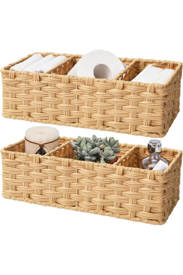 2 Pack Wicker Storage Baskets with 3 Compartments, Waterproof Imitation Wicker Narrow Bins for Towels, Toilet Tank Top, Washroom or Shelf Organization, Small Natural Woven Basket Organizer