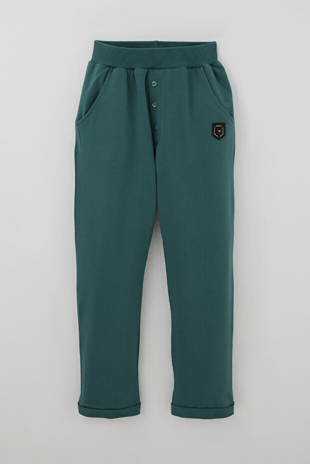 Boy's Sweatpants with Button Accessories and Arma Detail, Ages 4-8, Petrol Green
