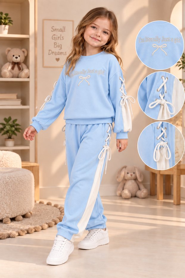 Girl's Baby Blue Tracksuit Set Oysho Fabric Quality Sweatshirt Pants Drawstring Lace-Up Sportswear Day Wear