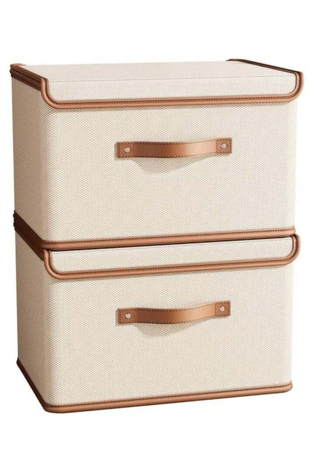 2 Pack Storage Bins with Lids, Collapsible Closet Organizer Container, Fabric Organizer Box with Handles, Decorative Storage Boxes with Lids for Organizing Clothes, Books, File, White, Large