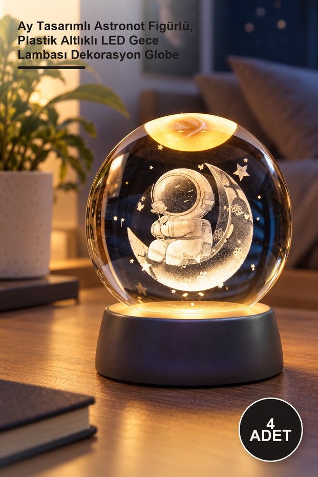 4 Pieces of Illuminated Glass Globe – Led Night Light Decoration Globe with Moon Design and Astronaut Figure, Plastic Base