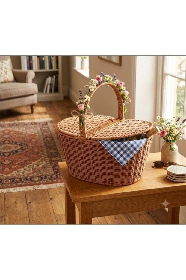 Woven Picnic Basket with Lid and Handles, Natural Storage Basket for Fruits, Vegetables, Groceries, Outdoor Picnic & Home Decor