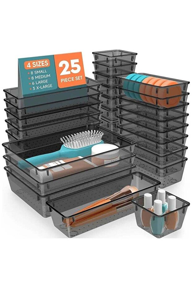 25 PCS Plastic Drawer Organizer Set, 4-Size Versatile Organizer Trays & storage Bins for Makeup, Jewelry, and Gadgets in Bathroom, Bedroom and Office