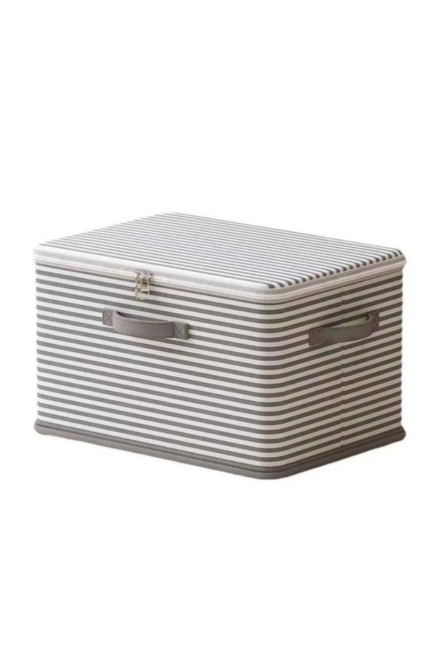 Storage box, storage box (fabric gray stripe, 58CM * 40CM * 35CM, XXL) Foldable storage container, striped fabric box with lid, stackable closet storage box in bedroom, clothing storage box