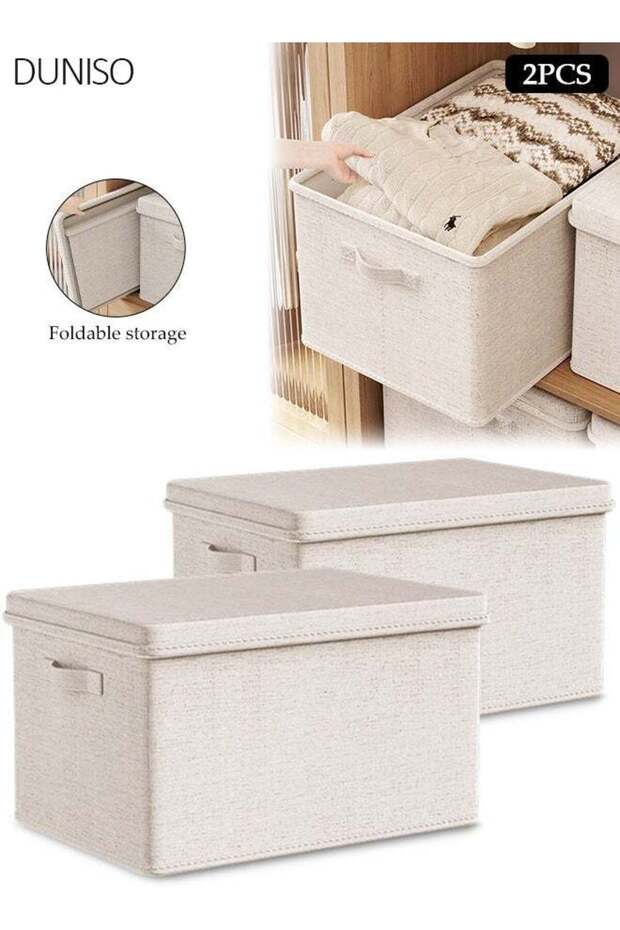 2 Pcs Fabric Storage Bins with Lids, Foldable Cotton Linen Storage Boxes with Handles,Dust Proof Space Saving Storage Solution, Large Closet Organizer Baskets for Clothes, Toys, Nursery, Bedroom, Sh