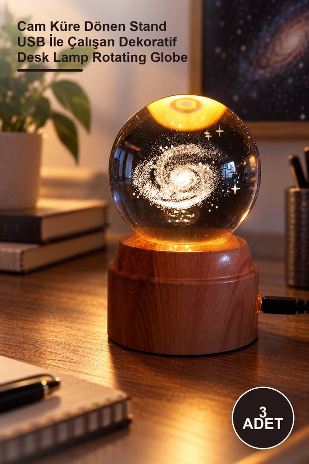 3 Pieces Galaxy Planet Design Rotating Table Lamp – Glass Globe Rotating Stand USB Powered Decorative Desk Lamp Rotating Globe