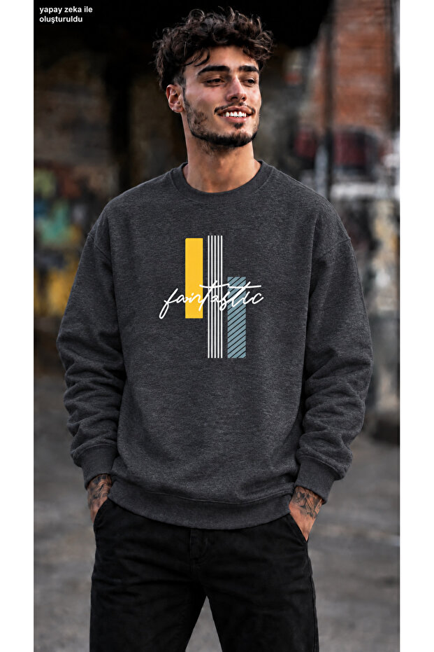 Men's Geometric Patterned and Fantastic Written Crew Neck Casual Regular Fit Sweatshirt