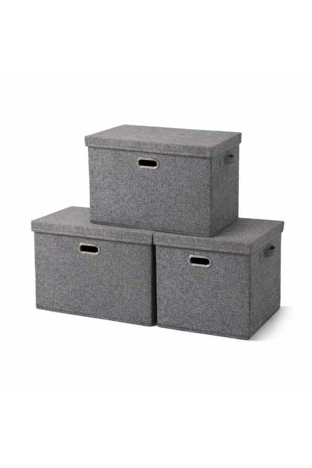 3-Pack Collapsible Linen Storage Bins with Removable Lids, 38L Foldable Stackable Fabric Organiser Boxes with 4 Handles, 44 x 29 x 30 cm