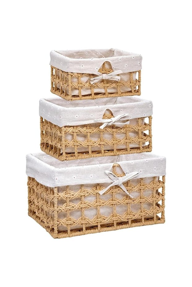 Wicker Storage Baskets, 3Pcs Hand-Woven Paper Rope Decorative Rectangular Small Wicker Baskets for Organizing, Laundry Basket, Towel, Clothes, Foldable CubeHand-Woven Paper Rope Storage Baskets