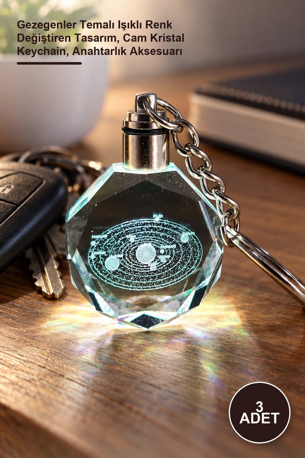 3 Pieces Crystal Keychain – Planets Themed Illuminated Color-Changing Design, Glass Crystal Keychain, Keychain Accessory