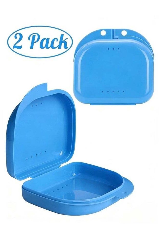 2 PCS Blue Orthodontic Retainer Case with Ventilation Holes Durable PP Denture Storage Box Breathable Mouth Guard Container for Travel Daily Use