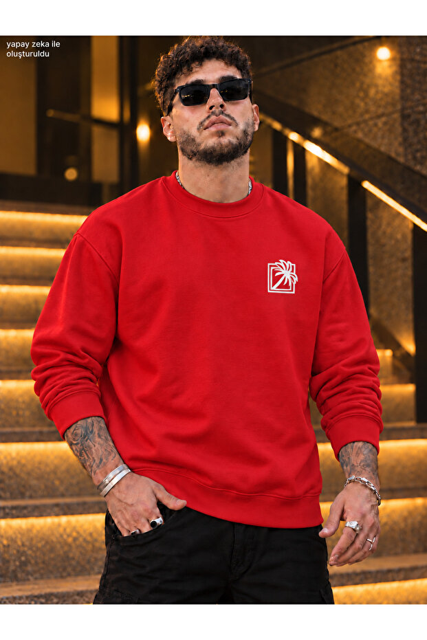 Men's Palm Logo Printed Crew Neck Casual Regular Fit Sweatshirt
