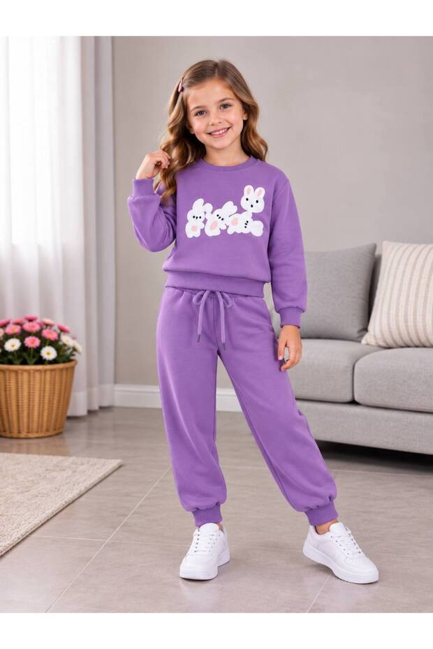 Girl's Rabbit Patterned Three-Thread Embroidered Winter Set