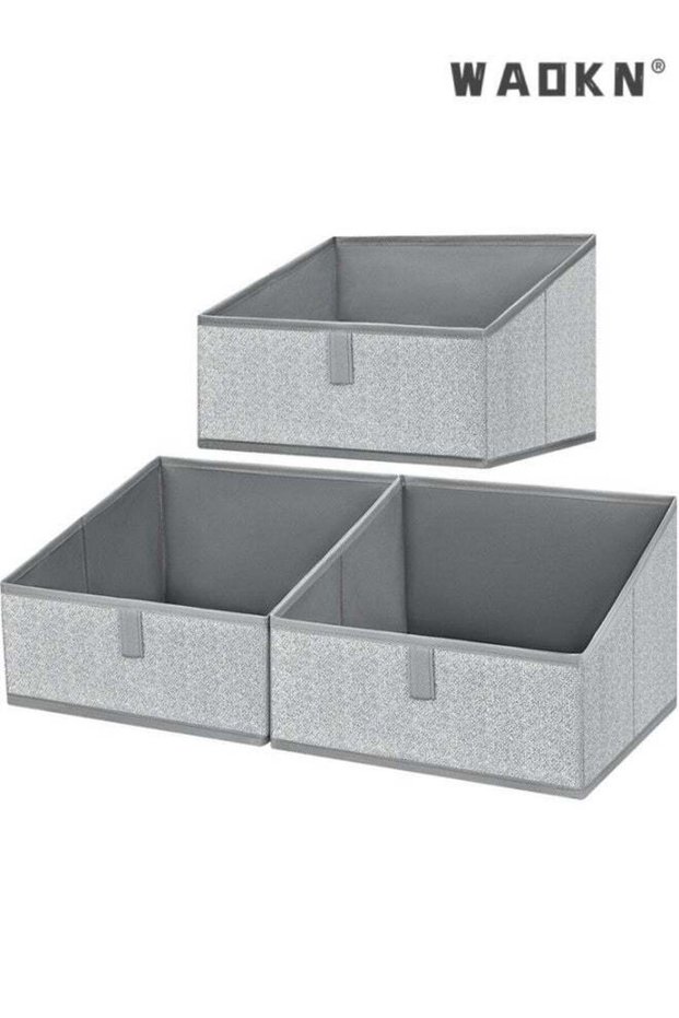 3-Pack Closet Organizers and Storage, Trapezoid Storage Bins, Fabric Closet Bins with Handles, Foldable Storage Baskets for Clothes, Purse, Blanket, Herringbone Gray, Extra Large , 29*29*20cm , grey
