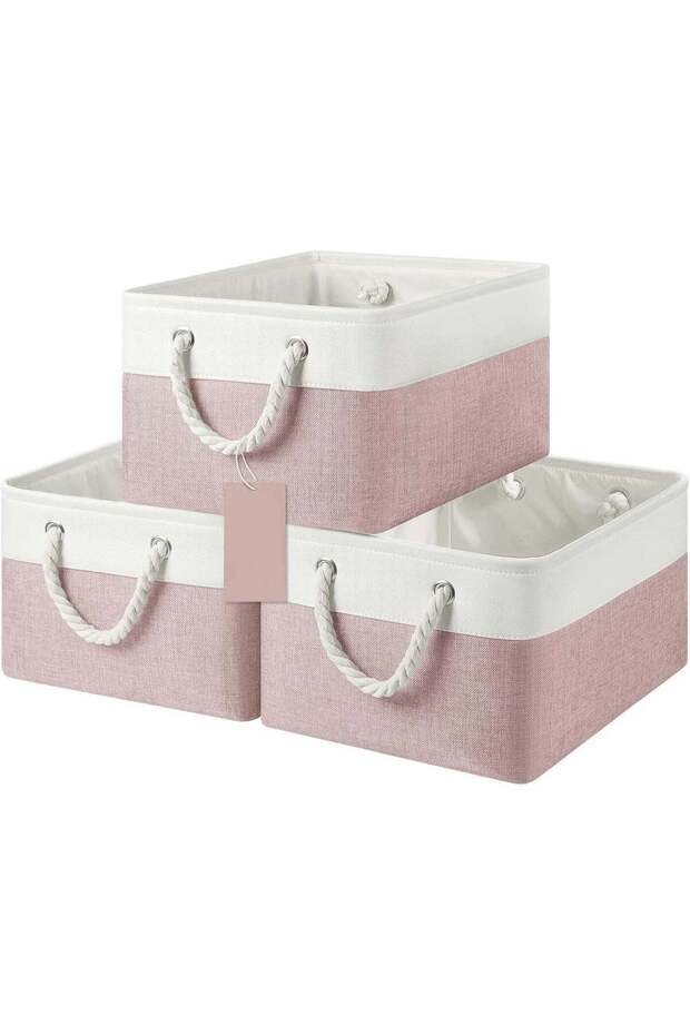 3-Pack Fabric Storage Baskets with Rope Handles, Pink & White, 40x30x21 cm