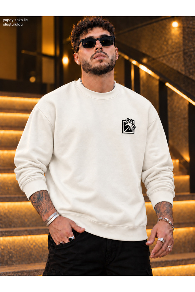 Men's Palm Logo Printed Crew Neck Casual Regular Fit Sweatshirt