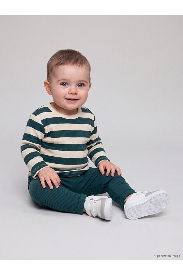 Lcw Baby Ecru Striped Baby Boy Sweatshirt and Leggings
