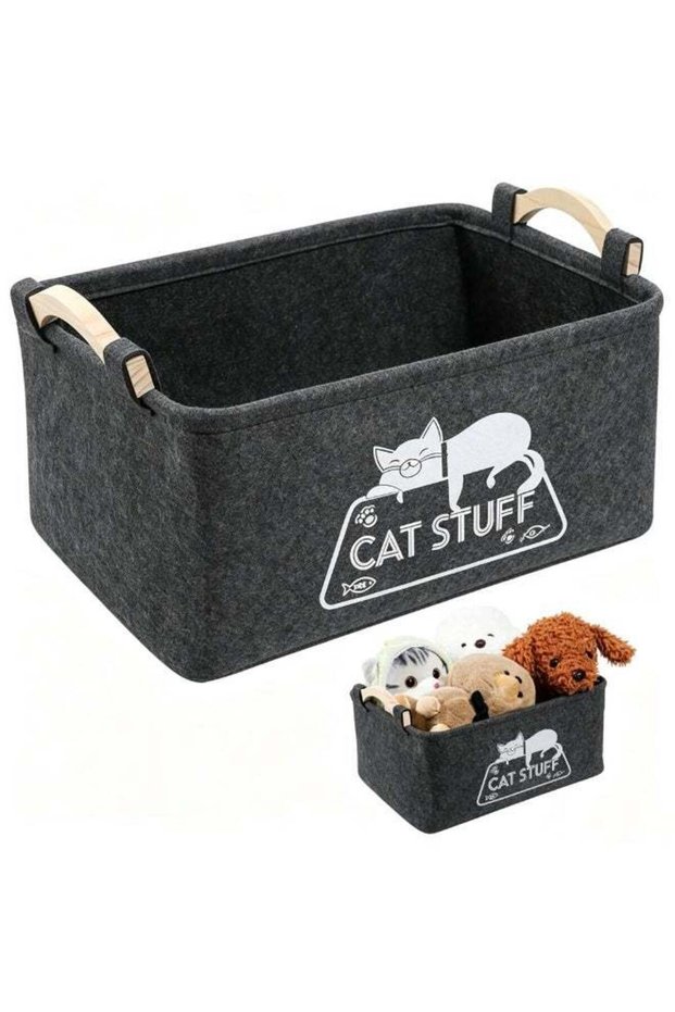 Multipurpose Storage Basket with Wooden Handles 38x28x22cm Dark Gray Fabric Organizer for Toys Blankets